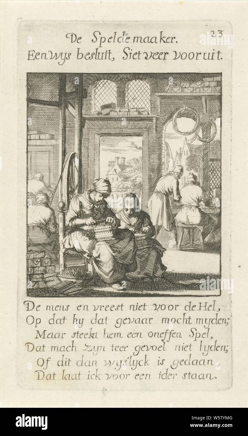 Pinmaker De Speldemaaker (title on object) The Menselyk Bedryf (series title), pin, handicrafts, craftsman at work, Jan Luyken, Amsterdam, 1694, paper, etching, h 141 mm × w 81 mm Stock Photo