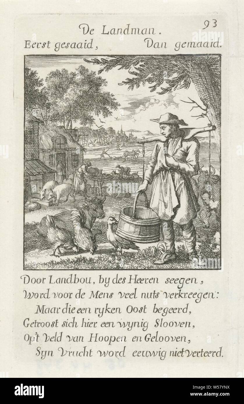 Boer De Landman (title on object) The Menselyk Bedryf (series title), farmers, Caspar Luyken, Amsterdam, 1694, paper, etching, h 142 mm × w 86 mm Stock Photo