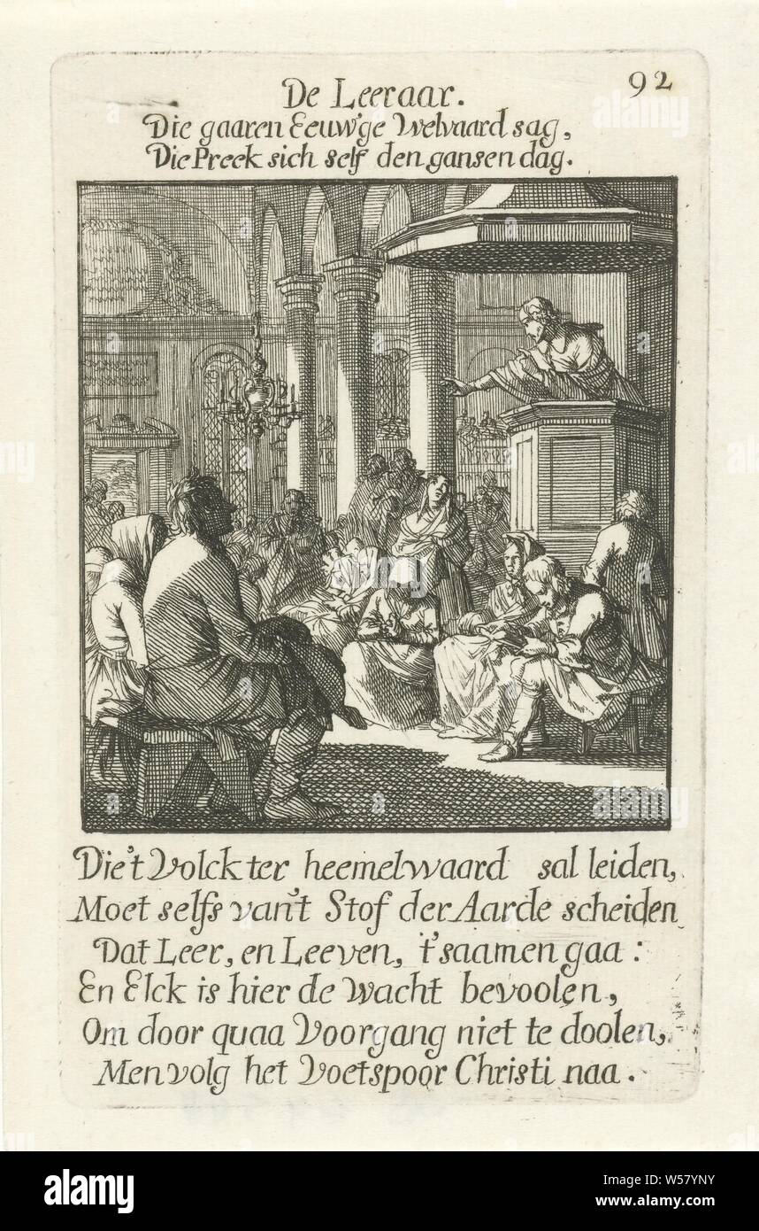 Pastor De Leeraar (title on object) The Menselyk Bedryf (series title), preaching (in general), Jan Luyken, Amsterdam, 1694, paper, etching, h 139 mm × w 86 mm Stock Photo