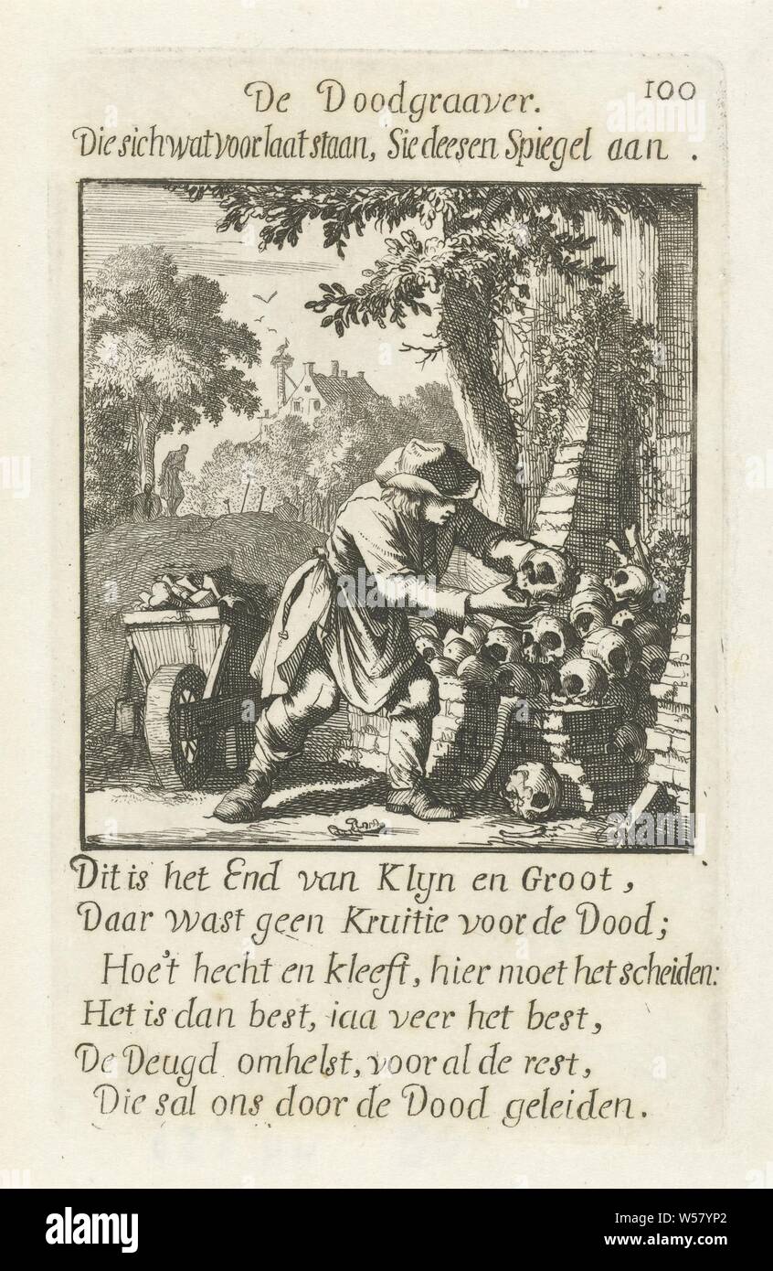 Death digger The Death digger (title on object) The Menselyk Bedryf (series title), grave digger, Jan Luyken, Amsterdam, 1694, paper, etching, h 140 mm × w 87 mm Stock Photo