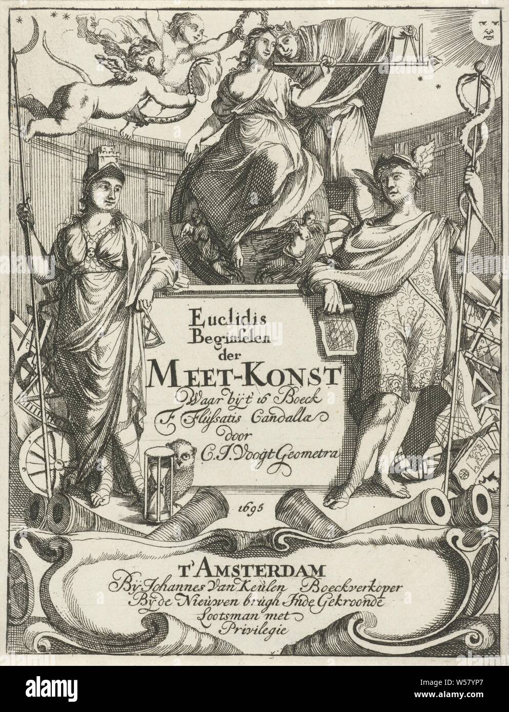 Allegorical female figure with measuring stick Title page for: Euclid, Principles of the Measuring King, 1695, An allegorical female figure stands on a decorated sphere and is awarded a putto. She is holding a measuring rod that is measured by a crowned man with a compass. In the foreground are on the left Minerva and on the right Mercury, crowning with laurel, measuring-instruments, (story of) Minerva (Pallas, Athena), (story of) Mercury (Hermes), Caspar Luyken, Amsterdam, paper, etching, h 166 mm × w 128 mm Stock Photo