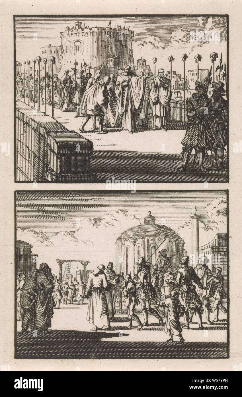 Pope Sixtus V visits the Angel Castle in Rome / A 16-year-old boy is taken to the gallows, Two representations of one plate, fortress, violent death by hanging, Angel Castle, Sixtus V, Jan Luyken, Amsterdam, 1697, paper, etching, h 142 mm × w 94 mm Stock Photo