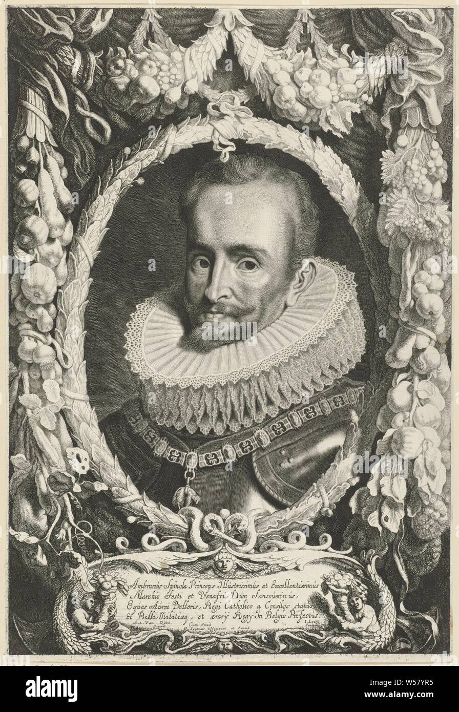 Portrait of Ambrogio Spinola Ferdinandus II [us] and III [us] Imperatorum Domus Austriacae (series title), Portrait of Ambrogio Spinola, Marquis de los Balbases. Around his neck a chain with the order of the Golden Fleece, knighthood order of the Golden Fleece, Ambrogio Spinola (Marquis de los Balbases), Jacob Louys (mentioned on object), Haarlem, 1644 - 1650, paper, etching, h 401 mm × w 274 mm Stock Photo