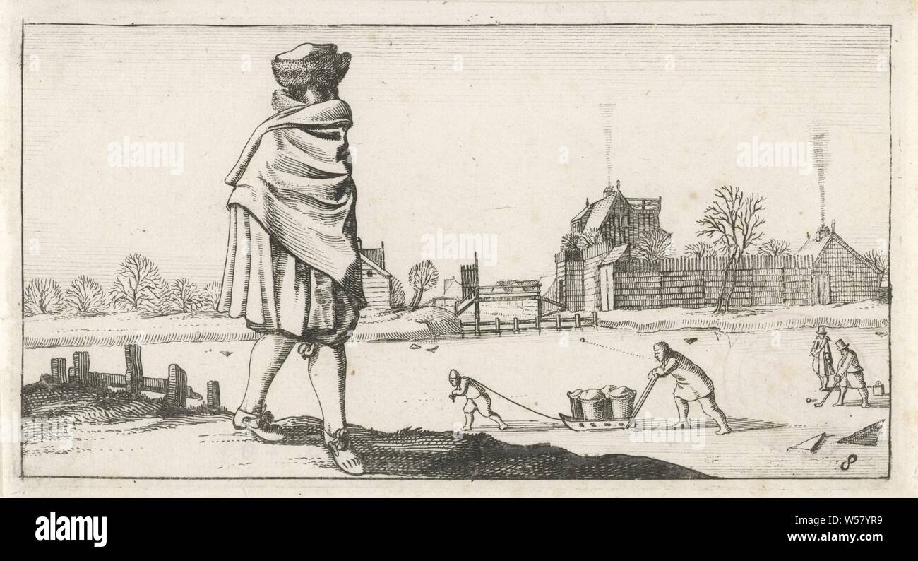 Man with fur hat in a winter landscape Dutch women's and men's suits, 1622 (series title), A standing man, seen from the side, hiding in his cloak and with fur hat on his head in a winter landscape. In the background a frozen river with kolf players and an ice sledge, clothes, costume (men's clothes), head-gear (with NAME), 'kolf' on the ice, sleigh, sledge (non-sport), Dirk Eversen Lons, Amsterdam, 1622, paper, ink, pen, h 87 mm × w 164 mm Stock Photo