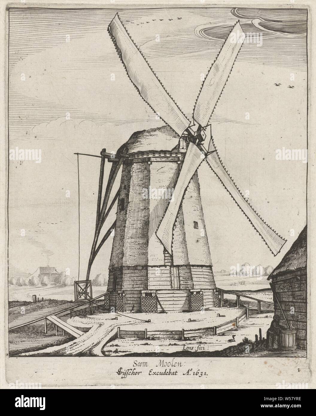 Seem Moolen mill (title on object) Windmills in landscapes (series title), A chamois and leather mill. In the right foreground a figure near a shed. Numbered lower right: 1, windmill, Dirk Eversen Lons (mentioned on object), 1631, paper, etching, h 208 mm × w 168 mm Stock Photo