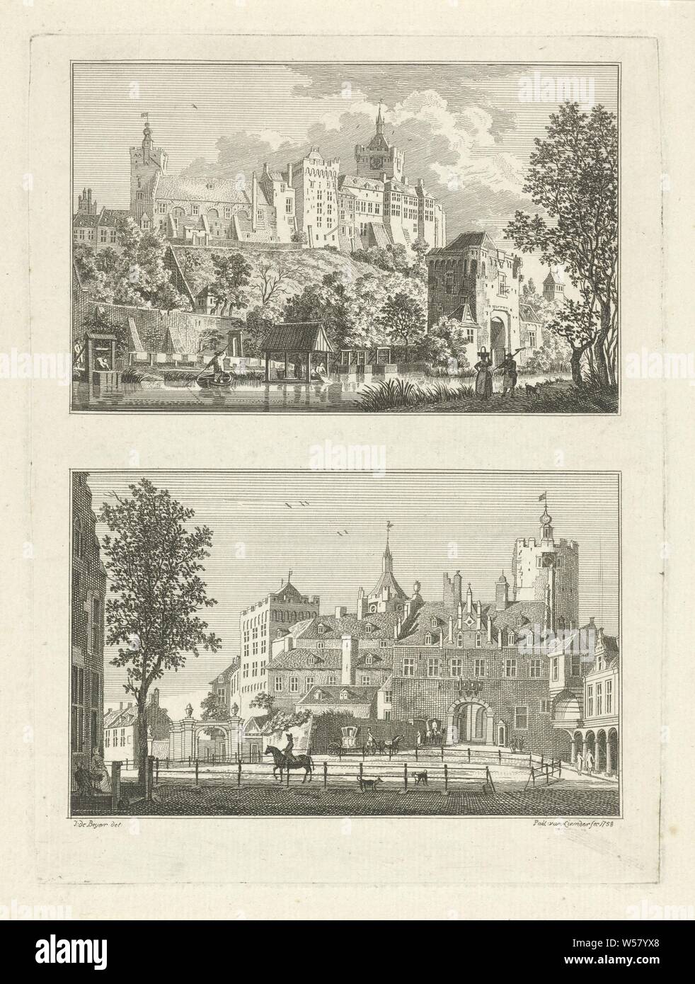 Schwanenburg in Kleve Village and townscapes in Kleve (series title), Two representations of one album. Two views of Schwanenburg in Kleve, seen from the Kermisdahl (above) and from the city (below). The print is part of a 100-part series with views of villages and towns in Kleve, landscape with tower or castle, Zwanenburcht, Paulus van Liender (mentioned on object), 1758, paper, etching, h 203 mm × w 152 mm Stock Photo