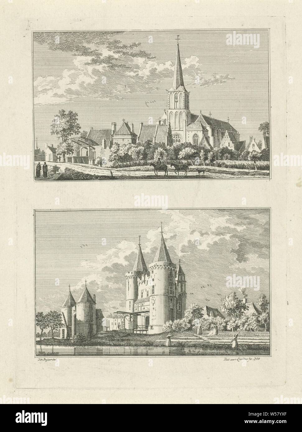 Kleefse and Hanselersche Poort in Kalker Village and townscapes in Kleve (series title), Two performances of one One plate. Views of the Kleefse Poort (above) and the Hanselersche Poort (below) in Kalkar, Germany. The print is part of a 100-part series with views of villages and towns in Kleef., City view, and landscape with man-made constructions, city-gate, Kalkar, Paulus van Liender (mentioned on object), 1758, paper, etching, h 205 mm × w 150 mm Stock Photo