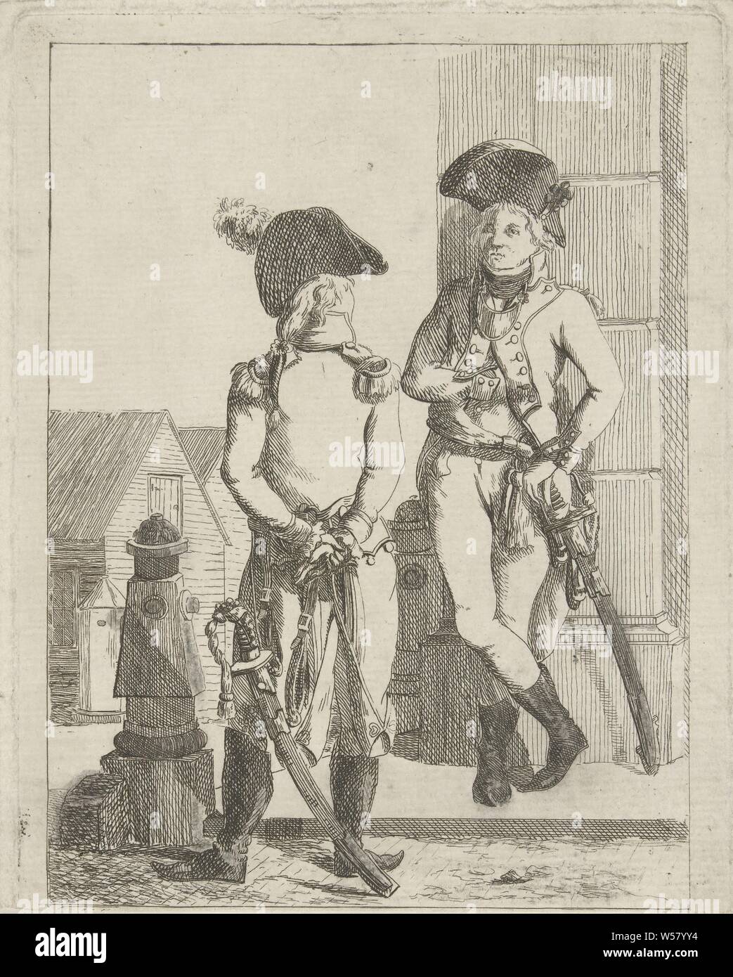 Armed Civil Force Rotterdam, Burgermacht Rotterdam 1795, artillery officer. Two soldiers are having a conversation on the street. Both wear a saber on their belt., The soldier, the soldier's life, hacking and thrusting weapons: sword, Rotterdam, Jan Anthonie Langendijk Dzn, 1795 - 1818, paper, etching, h 146 mm × w 115 mm Stock Photo