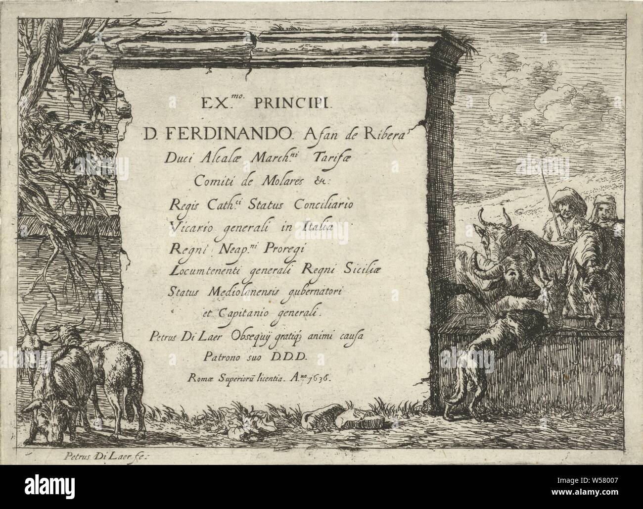 Herd of animals at a source Various animals (series title), Herd of animals at a source, on the right a shepherd and a woman. Title print for an eight-part series with representations of different animals., Cattle, herding, herdsman, herdswoman, shepherd, shepherdess, cowherd, etc., utilitarian, public pump or water fountain, Pieter Bodding van Laer (mentioned on object), Rome, 1636, paper, etching, h 128 mm × w 178 mm Stock Photo