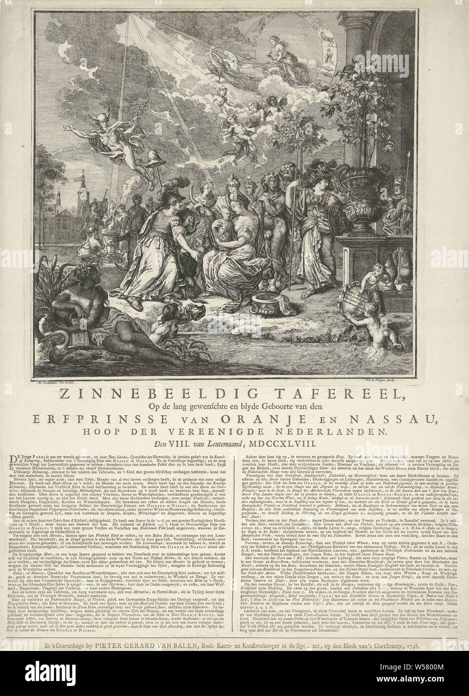 Allegory of the Birth of the Prince of Orange, 1748 Symbolic Scenery On the long-desired and blyde Birth of the Heir of the Orange and Nassau, Hope of the United Netherlands. The VIII. van Lentemaand, MDCCXLVIII (title on object), Allegory of the birth of William V, Prince of Orange, March 8, 1748. Central to the personification of the Eternal Government with the child in his arms, surrounded by all sorts of allegorical figures, gods and goddesses, on the left the Dutch Virgin. On the right, the Orange tree and the English rose grow in a vase. In the sky Mercury and Juno in her chariot pulled Stock Photo