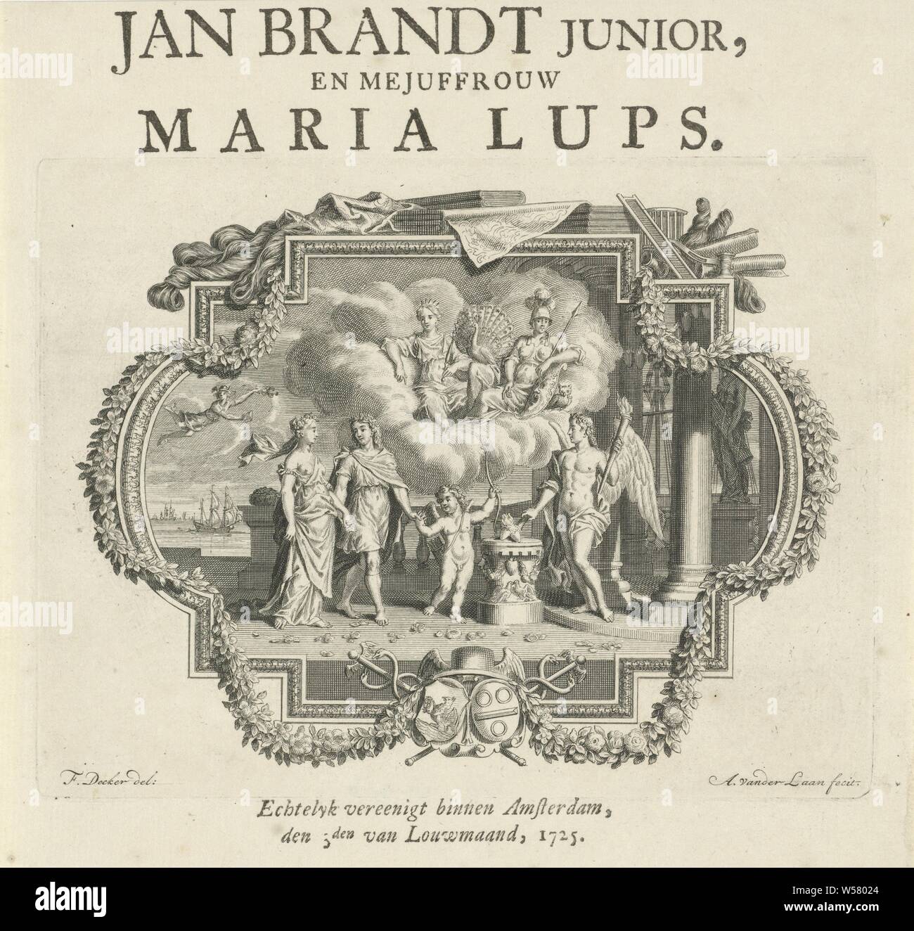 Allegory of marriage Marriage announcement of Jan Brandt junior and Maria Lups, Allegory of marriage, placed in a graceful list with the arms of the Brandt and Lups families. A couple is led by Amor to a sacrificial column on which there are burning hearts. In the sky, Juno and Minerva watch from a cloud, 'Castitimrimoniale', 'Fede maritale', 'Matrimonio' (Ripa), Juno Iuga, Juno Pronuba, protectress of marriage, (story of) Minerva (Pallas, Athena), Adolf van der Laan (mentioned on object), 1725, paper, letterpress printing, h 133 mm × w 175 mm Stock Photo