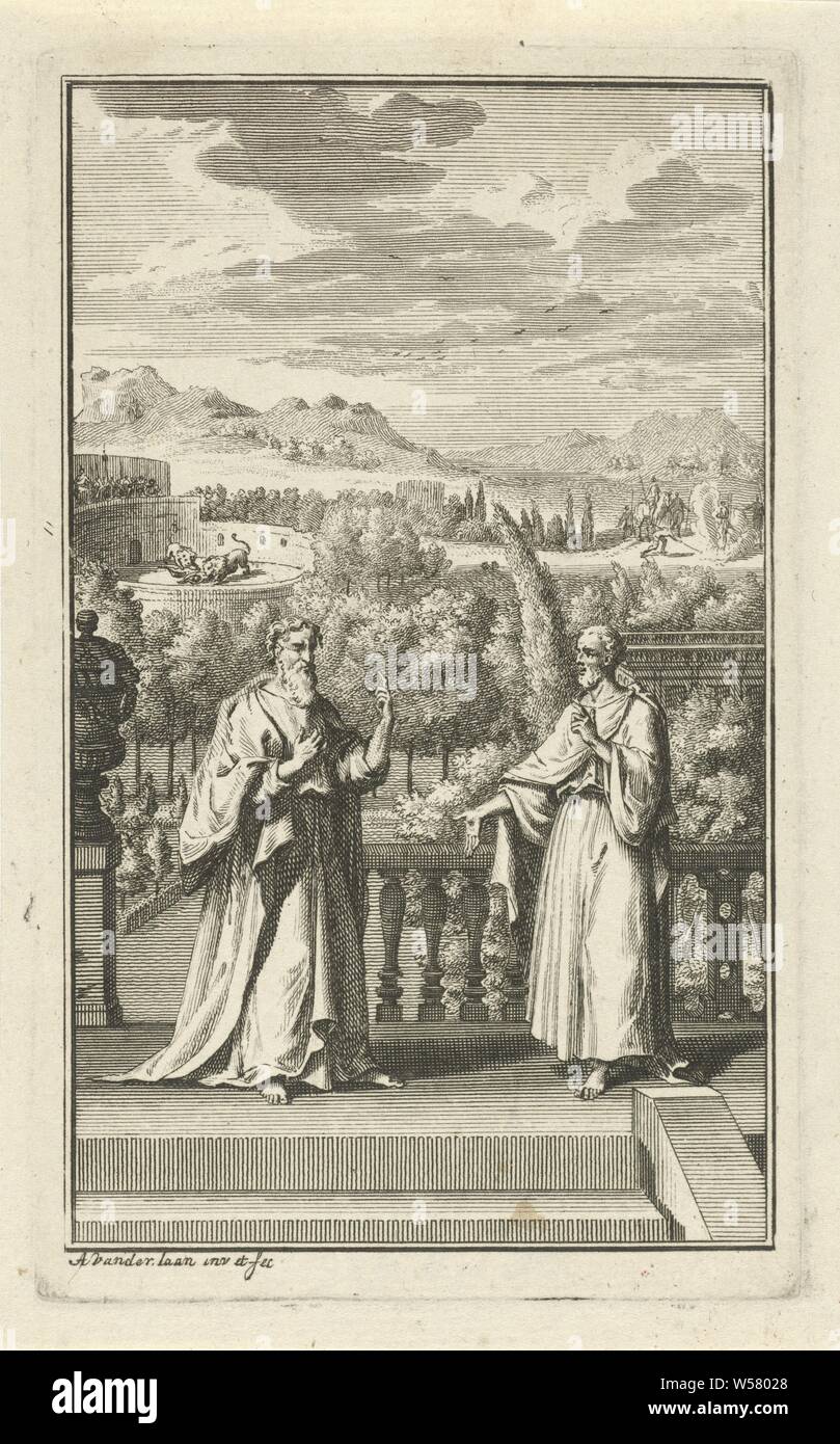 Two men talking, in the background someone is torn apart in a lion's den., conversation, dialogue, conversation piece, lion's den, violent death by throwing to the wild animals, Adolf van der Laan (mentioned on object), 1694 - 1755, paper, etching, h 144 mm × w 88 mm Stock Photo