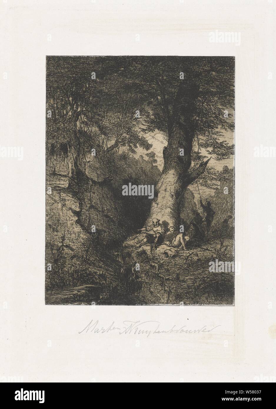 Resting warriors under a tree, In a mountainous landscape there are a number of soldiers under a tree, low hill country, (high) hill, recreation, the soldier off duty, (military) uniforms, Martinus Antonius Kuytenbrouwer jr. (mentioned on object), Brussels, 1850, paper, drypoint, h 255 mm × w 181 mm Stock Photo