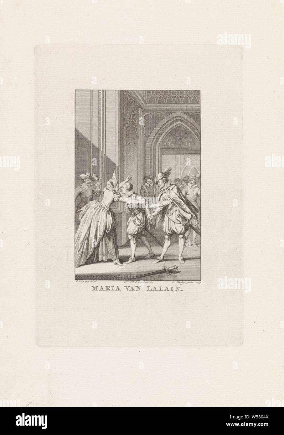 Maria van Lalain Maria van Lalain (title on object), Maria van Lalain, consort of the king of Espinoi is left alone in Tournay, besieged by the Spaniards. On the left in the interior of a castle is the queen. This image shows a scene from the mourning play 'Maria van Lalain, or The Conquest of Tournai'., Siege, Theodoor Koning (mentioned on object), Amsterdam, 1779, paper, engraving, h 192 mm × w 132 mm Stock Photo