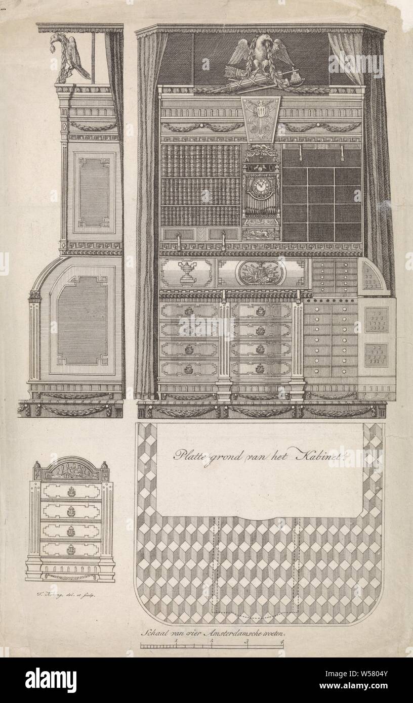 Scale model of a cabinet Flat-ground of the Cabinet (title on object) Scale model of a cabinet with various cupboards at the top and the floor at the bottom. Below the image the scale., Model, architecture, Theodoor Koning (mentioned on object), Amsterdam, 1758 - 1829, paper, etching, h 349 mm × w 218 mm Stock Photo