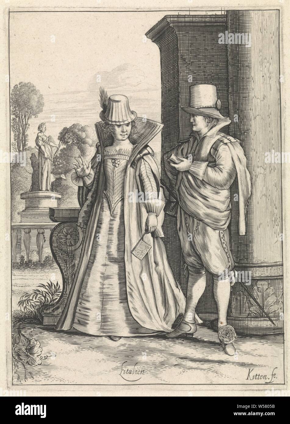 Elegant couple in Italian clothing L 'Italien (title on object) Costumes in  Europe (series title), In front of a column is an elegant pair in Italian  clothing, c. 1620. The woman's robe