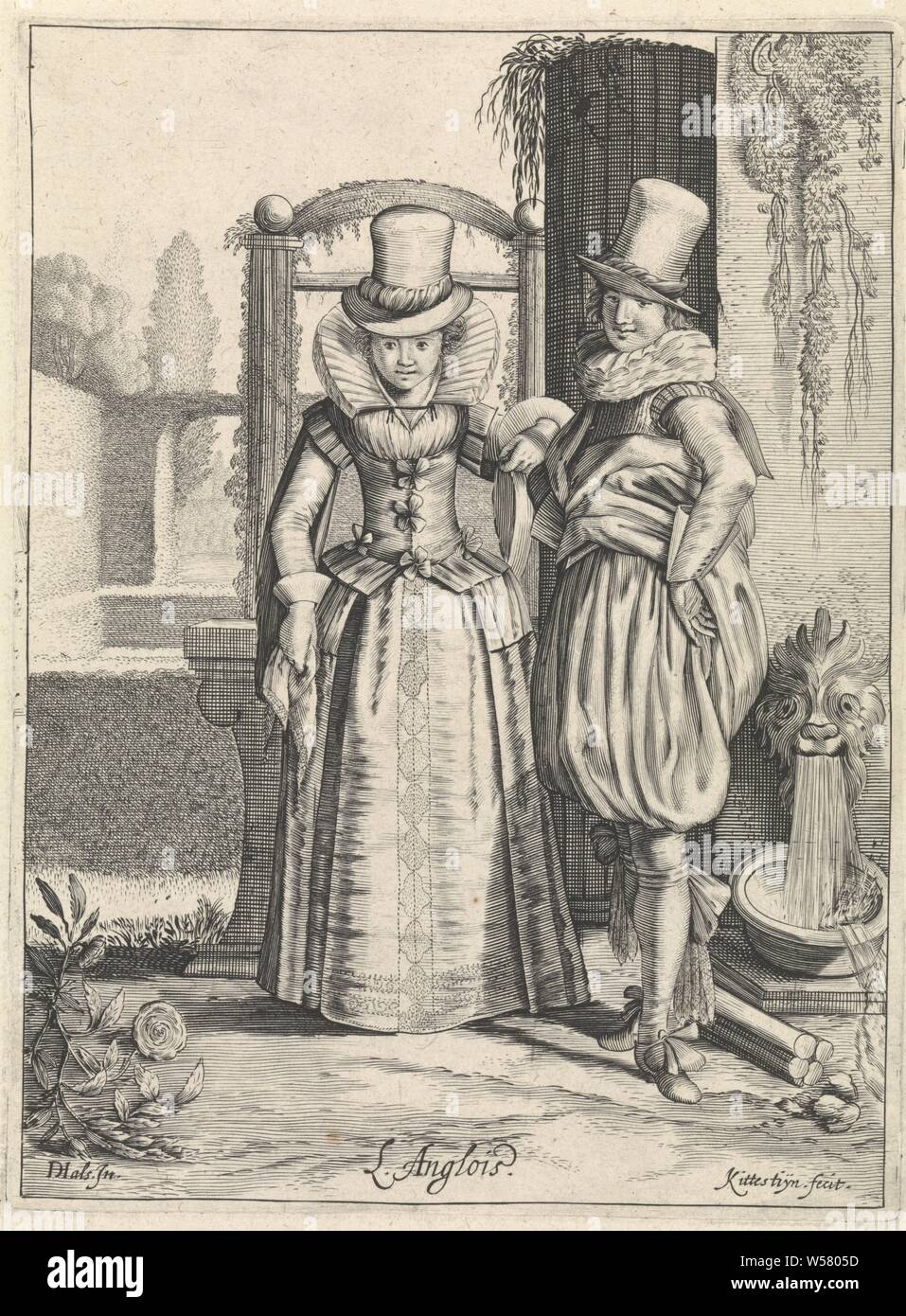 Elegant couple in English clothing L Anglois title on object