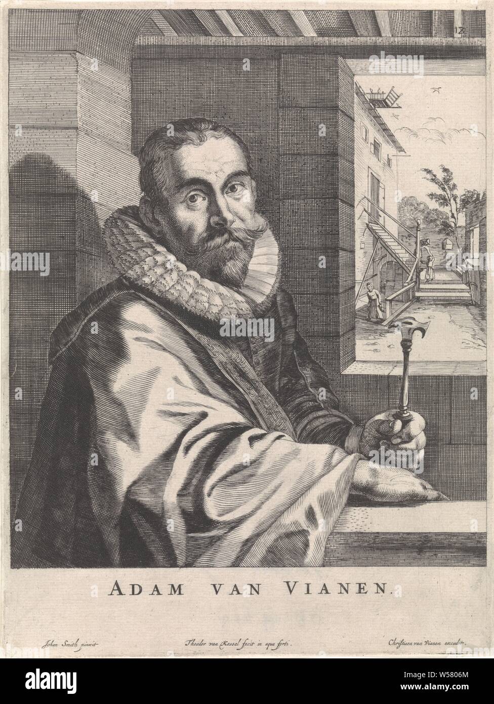 Portrait of Adam van Vianen Adam van Vianen (title on object), Portrait  half to the right of the goldsmith Adam van Vianen, holding a hammer in his  left hand. A window can