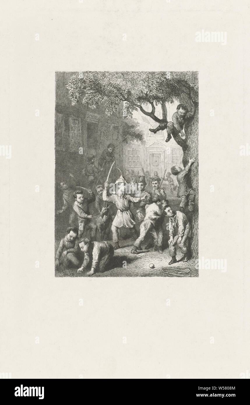 Children playing, For a school groups of children playing and a goat are depicted. One of the children is sitting on the branch of a tree and another boy is clambering to meet. In the foreground a boy and a girl are playing marbles, while three boys play different instruments, such as the drum, children playing musical instruments, child and school (playing at) marbles, Johann Wilhelm Kaiser (I), 1823 - 1900, paper, etching, h 251 mm × w 169 mm Stock Photo