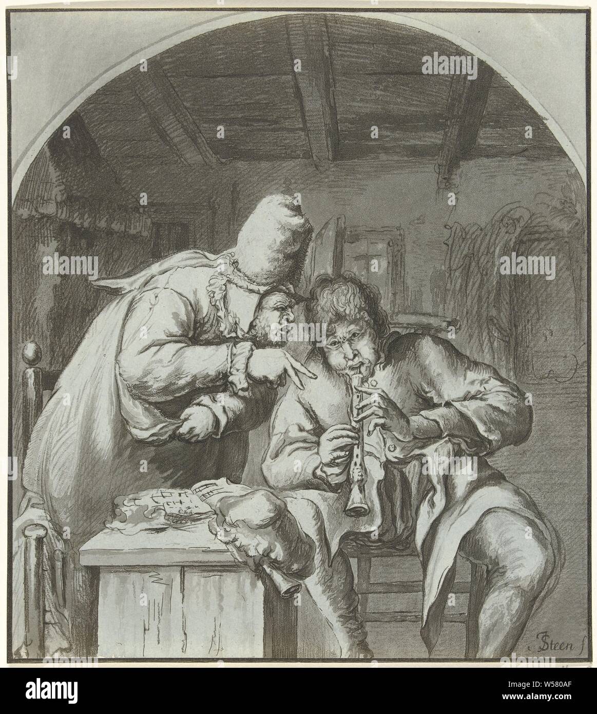 Clarinet lesson, Interior with two men, one of them playing the clarinet. The other is teaching him. On the table in front of them lies open sheet music., Clarinet, bassoon, oboe, shawm (music), Christiaan Josi (mentioned on object), Noord-Nederland, 1821, paper, etching,  210 mm × w 188 mm Stock Photo