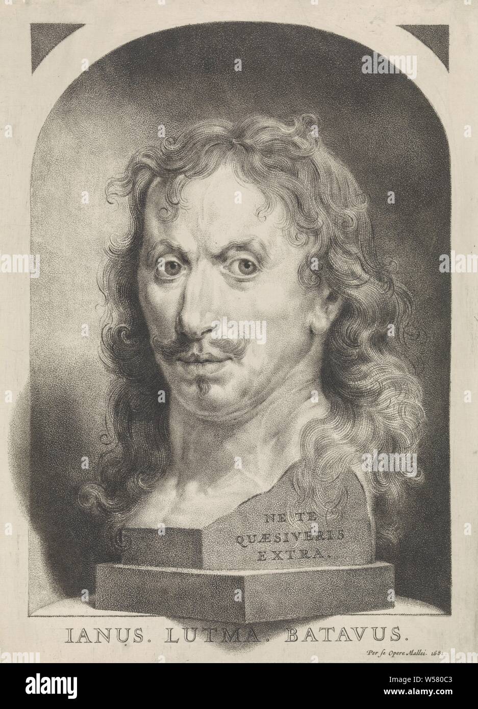 Self-portrait of Johannes Lutma the Younger in a niche, portrait, self-portrait of artist (painting, drawing, graphic arts), piece of sculpture, reproduction of a piece of sculpture, Johannes Lutma (1624-1689), Amsterdam, 1681, paper, h 300 mm × w 219 mm Stock Photo