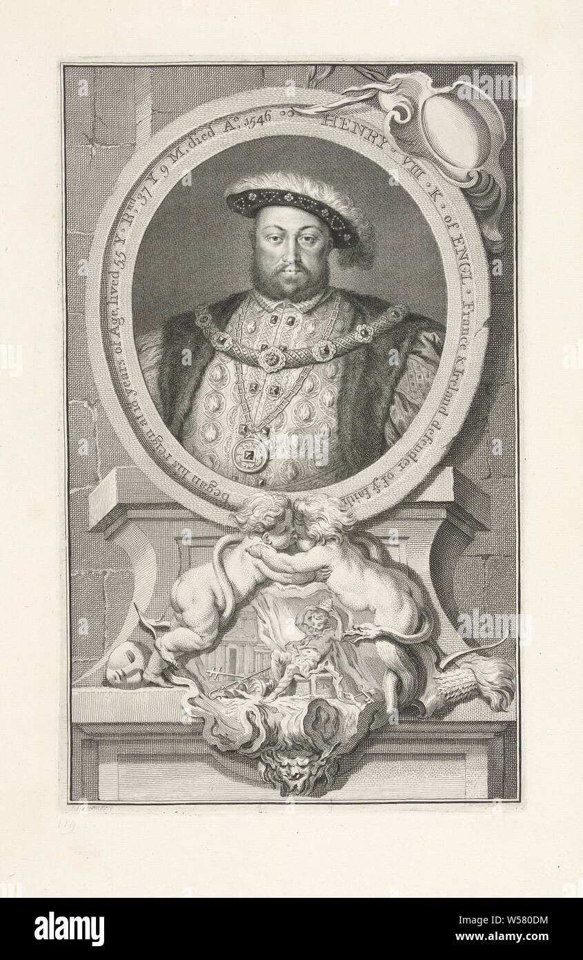 Portrait of Henry VIII, King of England and Ireland, King of England and Ireland. Under the portrait two kissing putti and a snake. In the middle, a seated figure crowns himself with a papal tiara. Next to him on the ground keys, bishop's staff and processional cross., Henry VIII (king of England and Ireland), Jacob Houbraken (mentioned on object), Amsterdam, 1748 - 1750, paper, engraving, h 369 mm × w 228 mm Stock Photo