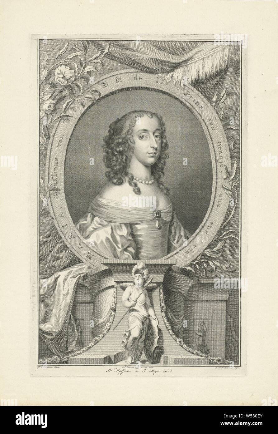 Portrait of Maria Henrietta Stuart, princess of Orange Geminals and mothers of the stadholders series title), Princess of Orange, wife of Prince William II of Orange-Nassau. Third print from a series of six with the pictures of the consort's mothers and mothers., Maria Henrietta Stuart, Jacob Houbraken (mentioned on object), Amsterdam, 1752, paper, engraving, h 361 mm × w 228 mm Stock Photo
