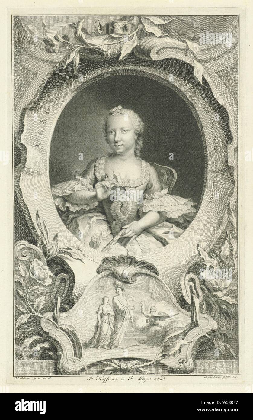 Portrait of Carolina, princess of Oranje-Nassau, princess of Oranje-Nassau in an oval with a cartouche underneath the portrait on which an allegorical representation in which Minerva the young Carolina points to Father Time, Carolina (Princess of Orange-Nassau), Jacob Houbraken (mentioned on object), Amsterdam, 1754, paper, engraving, h 358 mm × w 227 mm Stock Photo