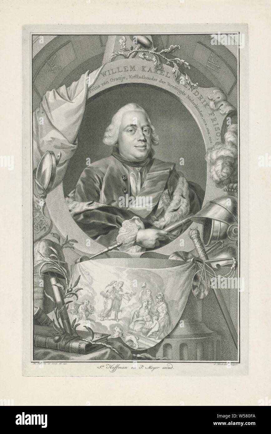 Portrait of William IV, Prince of Orange-Nassau, Prince of Orange-Nassau surrounded by attributes associated with peace, such as olive branch and freedom hat. Also around the portrait are attributes of the truth (the mirror) and the judiciary (the balance). Below the portrait an allegorical representation on a canvas about peace., Willem IV (Prince of Orange-Nassau), Jacob Houbraken (mentioned on object), Amsterdam, 1751, paper, engraving, h 363 mm × w 233 mm Stock Photo