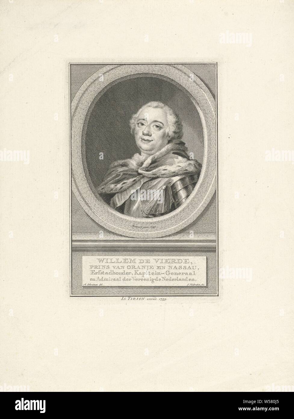 Portrait of William IV, Prince of Orange-Nassau, William IV (Prince van Oranje-Nassau), Jacob Houbraken (mentioned on object), Amsterdam, 1759, paper, engraving, h 181 mm × w 117 mm Stock Photo