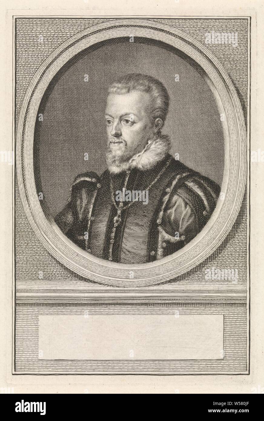 Portrait of Philip II, king of Spain, Bust to the left of Philip II, king of Spain in an oval. The portrait rests on a plinth on which an empty field for his name., Philip II (King of Spain), Jacob Houbraken, Amsterdam, 1771 - 1773, paper, engraving, h 175 mm × w 117 mm Stock Photo