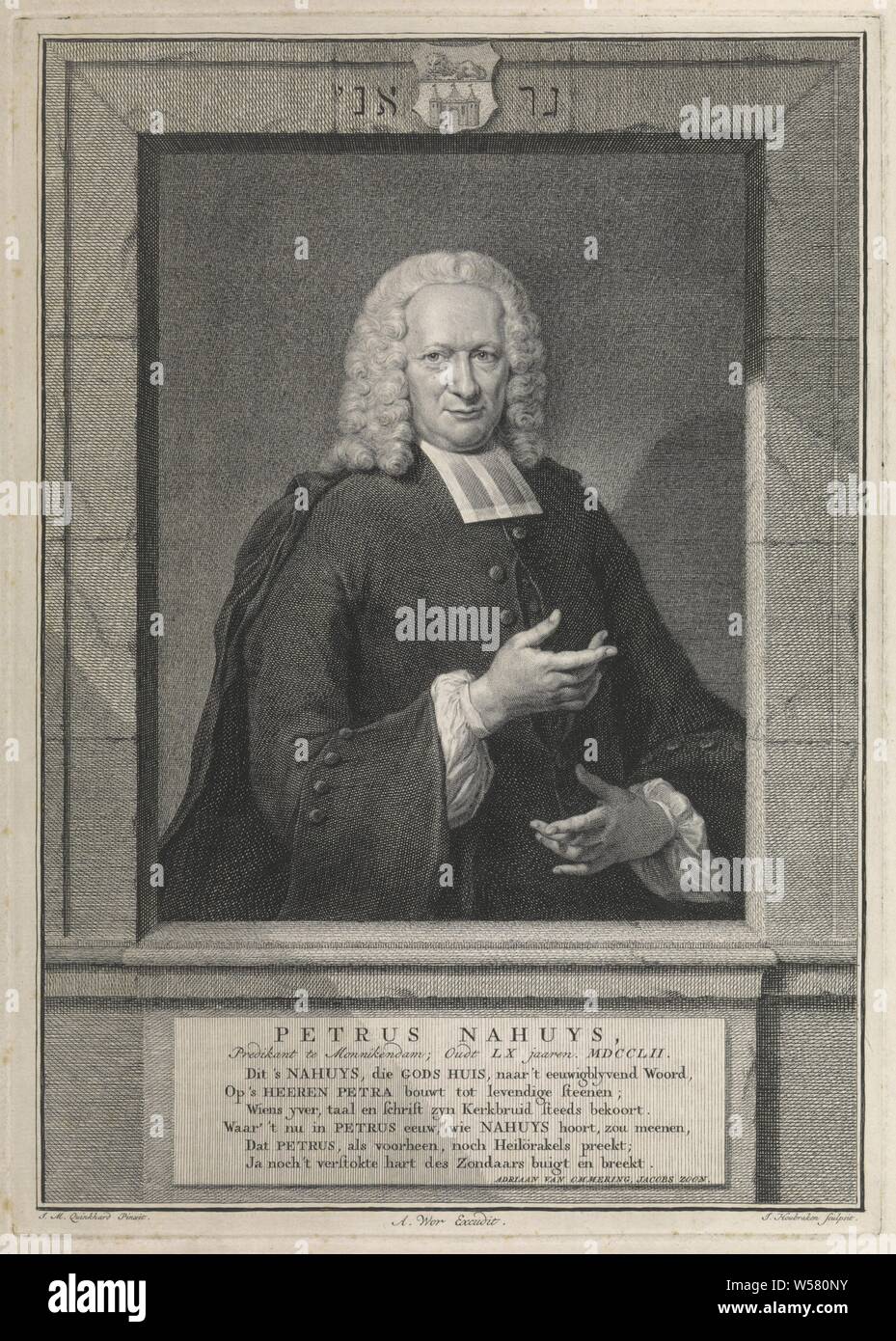Portrait of Petrus Nahuys Petrus Nahuys (title on object), Portrait halfway to the right of Petrus Nahuys in an architectural window. At the top are family crest and a line in Hebrew. Below his name and information in two lines in Dutch and below that a six-line verse in Dutch, Petrus Nahuys, Jacob Houbraken (mentioned on object), Amsterdam, 1750 - 1755, paper, engraving, h 305 mm × w 218 mm Stock Photo