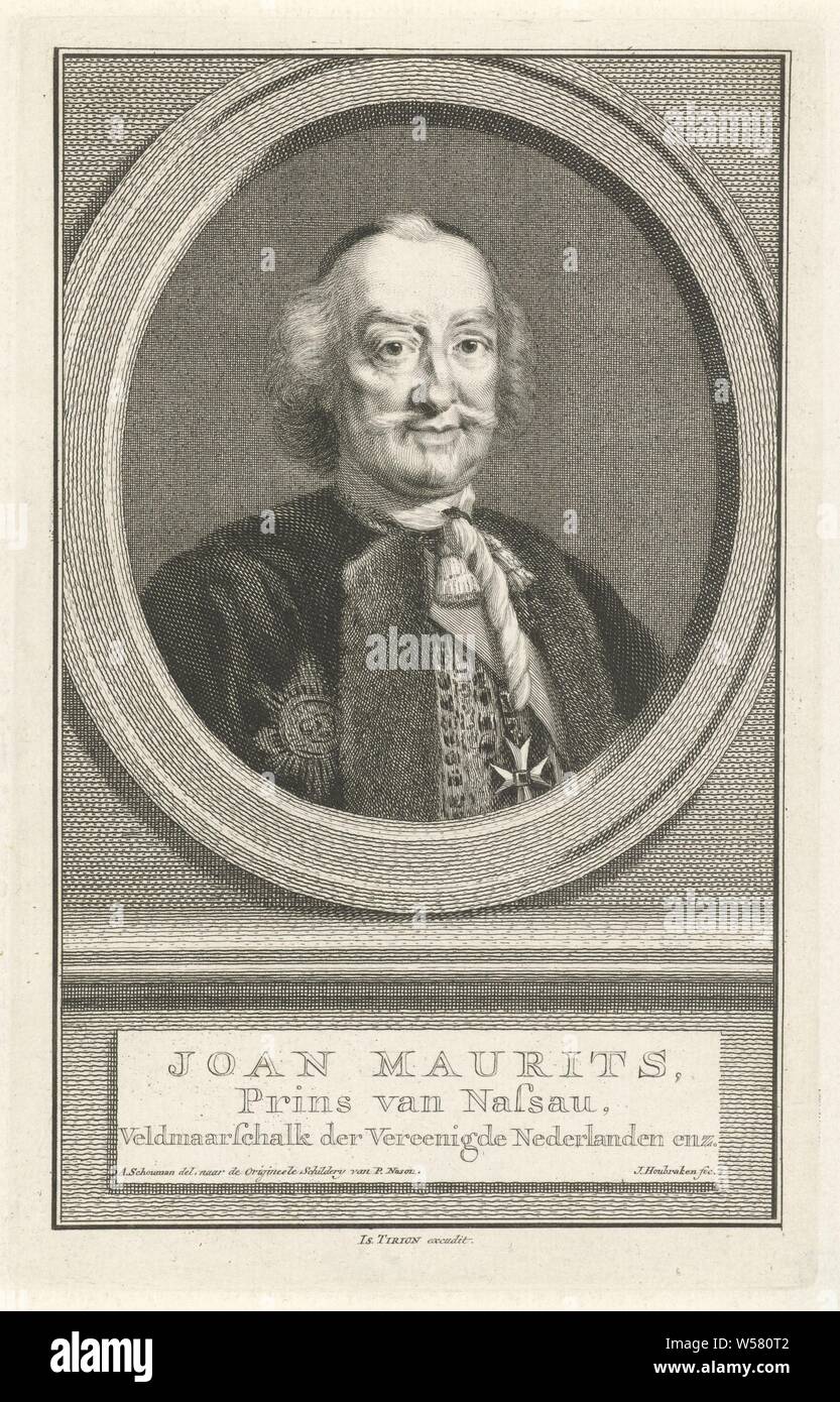 Portrait of Johan Maurits, count of Nassau-Siegen Joan Maurits (title on object), Bust of Johan Maurits, count of Nassau-Siegen in an oval. The portrait rests on a plinth on which his name and information are written in three lines in Dutch., Johan Maurits count of Nassau-Siegen, Jacob Houbraken (mentioned on object), Amsterdam, 1749 - 1759, paper, etching, h 186 mm × w 118 mm Stock Photo