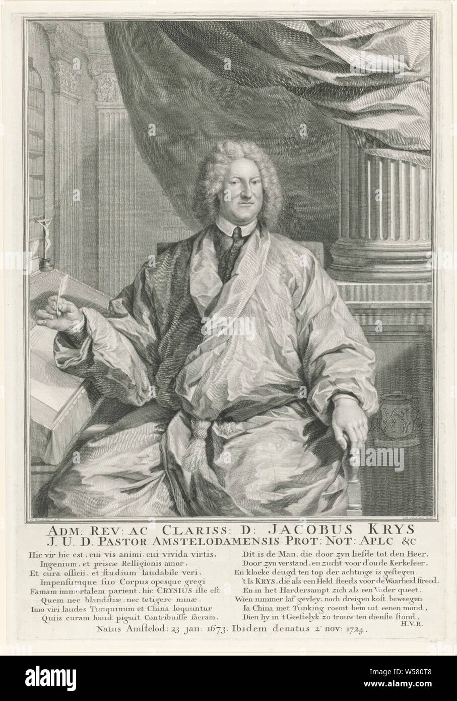Portrait of Jacobus Ignatius Krijs Jacobus Krys (title on object), Jacobus Ignatius Krijs sitting at desk with a crucifix. A writing spring in his hand. Behind him a column and a curtain, behind it two pilasters and bookcases. To his right a religious weapon. Below the portrait his name and information are in two lines in Latin. Two columns of eight lines each, left in Latin and right in Dutch. Below are birth and death data in a line in Latin., Crucifix, personal devotion, quill, Jacobus Ignatius Krijs, Jacob Houbraken (mentioned on object), Amsterdam, 1724 - 1780, paper, engraving, h 459 mm Stock Photo