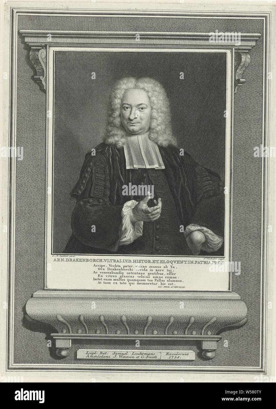 Portrait of Arnoldus Drakenborch Arn.Drakenborch, Half-length portrait of Arnoldus Drakenborch. Below the portrait are name and title and a six-line verse in Latin. Around the performance a print of a second plate with a representation of a pedestal and an upper decoration with at the bottom the imprint, Arnoldus Drakenborch, Jacob Houbraken (mentioned on object), 1738, paper, engraving, h 356 mm × w 258 mm × h 227 mm × w 172 mm Stock Photo