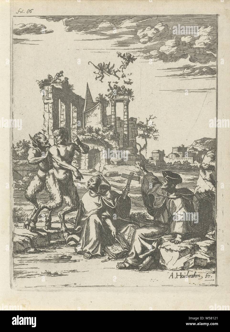 Two satyrs and two clergymen, Two satyrs with two clergymen in a landscape. The clergymen make repelling gestures and lift a crucifix. In the background a ruin above which angels and devils float. Above right: fol 4. Print used in the book: Scene of Accidents by Lambert van den Bos with a total of twenty prints by Arnold Houbraken., Satyr (s) (in general), landscape with ruins (city-landscape) with figures, staffage), monk (s), friar (s) (devil (s)), cross as symbol of Christ, Arnold Houbraken (mentioned on object), 1681 - 1683 and/or 1699, paper, etching, h 193 mm × w 144 mm Stock Photo