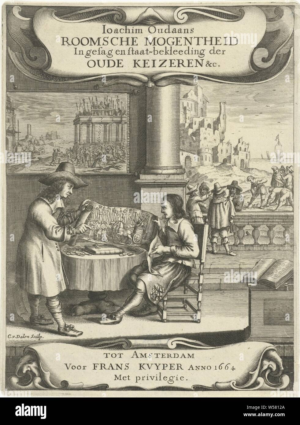 Two men look at print with triumphal procession of Roman emperor, Cornelis van Dalen (I) (mentioned on object), Amsterdam, 1664, paper, engraving, h 223 mm × w 168 mm Stock Photo