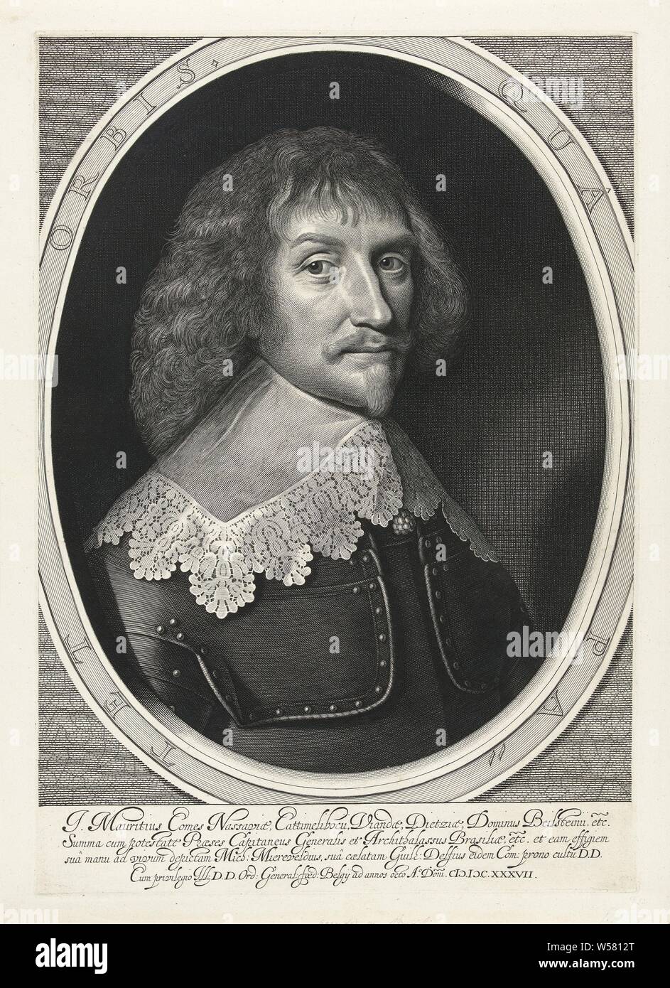 Portrait of Johan Maurits, Count of Nassau-Siegen, bust with flat collar and armor in oval frame with Latin motto. In Latin margin in four lines., Commander-in-chief, general, marshal, Johan Maurits count of Nassau-Siegen, Willem Jacobsz. Delff (mentioned on object), Delft, 1637, paper, engraving, h 425 mm × w 298 mm Stock Photo