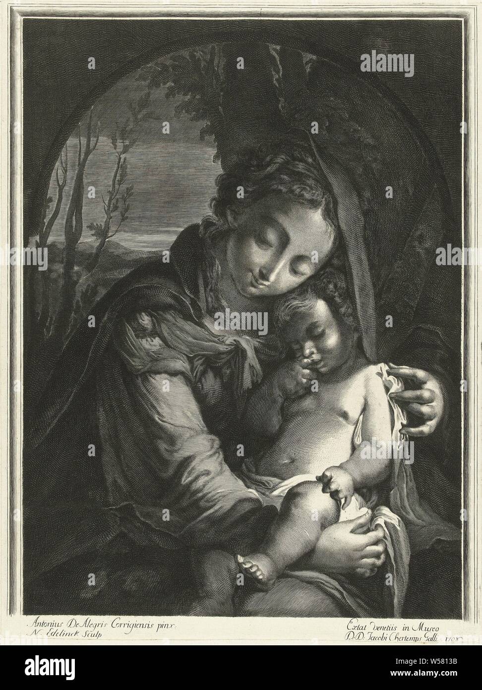 Maria with child, Maria is seated, half-length depicted under a round arch. She holds the sleeping Christ child in her arms. In the background a mountain landscape with trees is visible., Madonna: Mary sitting or excited, the Christ-child in her lap (or in front or her bosom) (Mary sometimes represented half-length), Nicolas Etienne Edelinck (mentioned on object), 1705, paper, engraving, h 430 mm × w 324 mm Stock Photo