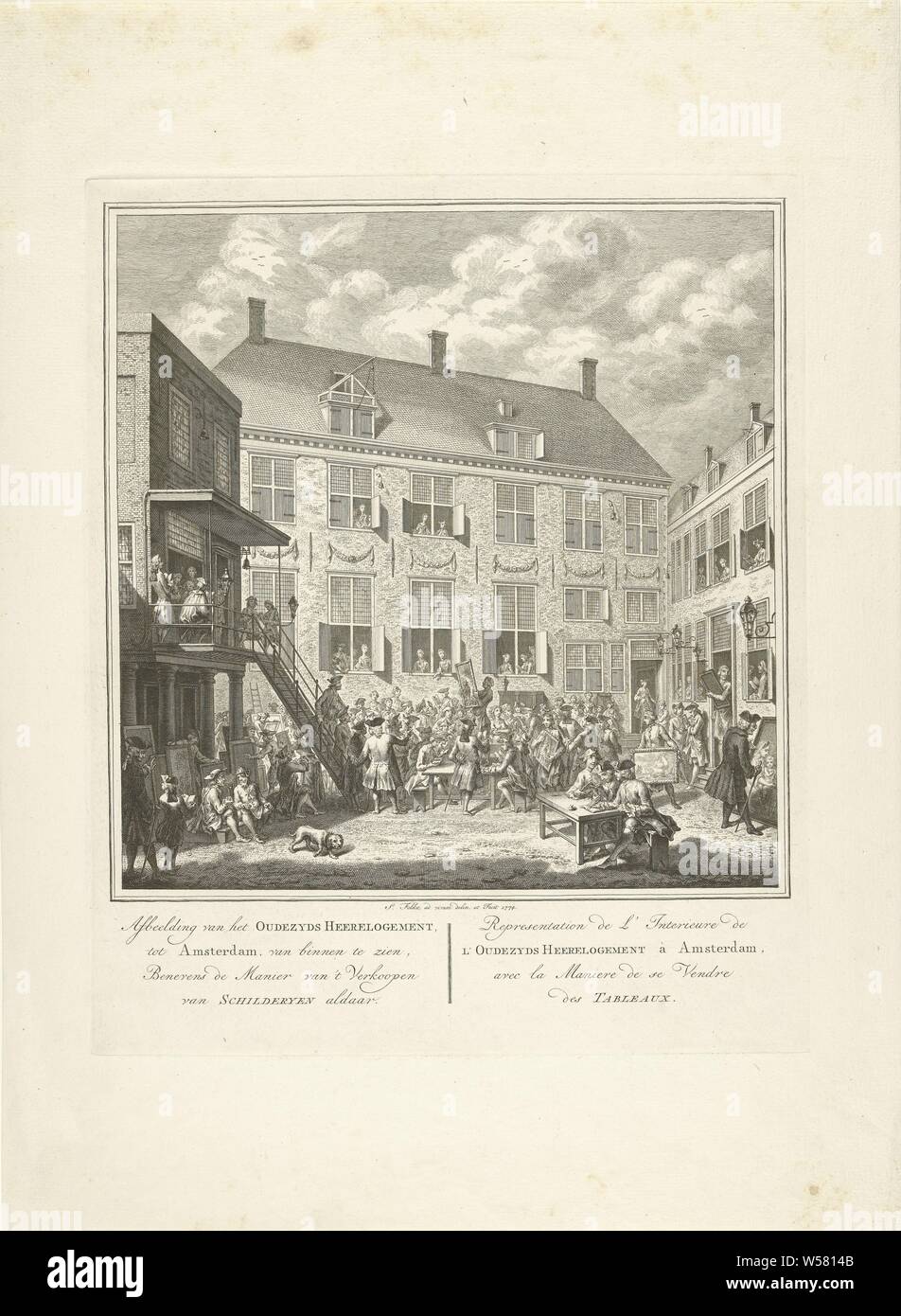 View of the Oudezijds Herenlogement in Amsterdam and a painting sale, 1773 Print of the Oudezyds Heerelogement, until Amsterdam, seen from inside, In addition to the Way of Selling Schilderyen there / Representation de l ' Interieure de l'Oudezyds Herenlogement, à Amsterdam, avec la Maniere de se Vendre des Tableaux (title on object), View of the courtyard of the Oudezijds Herenlogement in Amsterdam where a painting sale takes place. Probably it concerns the public sale or auction of the collection of paintings of Leiden mayor Johan van der Markt Aegidsz, who died in 1772. on 25 August 1773 Stock Photo