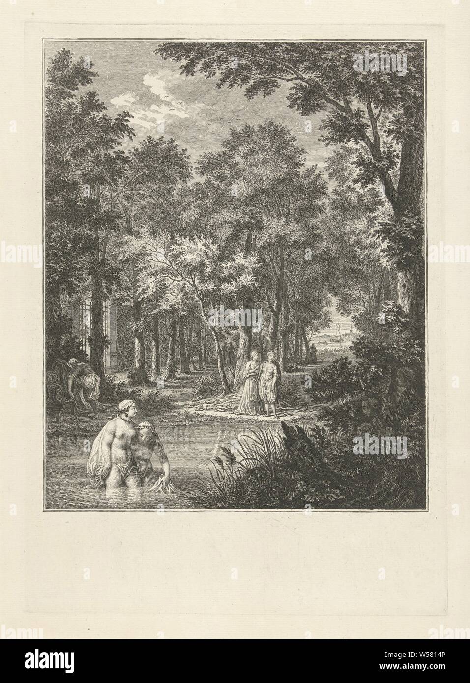 The bathing ladies are spied, Two bathing ladies are spied on by two gentlemen in the scrub. In the background a few figures walk among the trees., Washing and bathing, peeping, voyeur, Simon Fokke, Amsterdam, 1722 - 1784, paper, etching, h 379 mm × w 269 mm Stock Photo