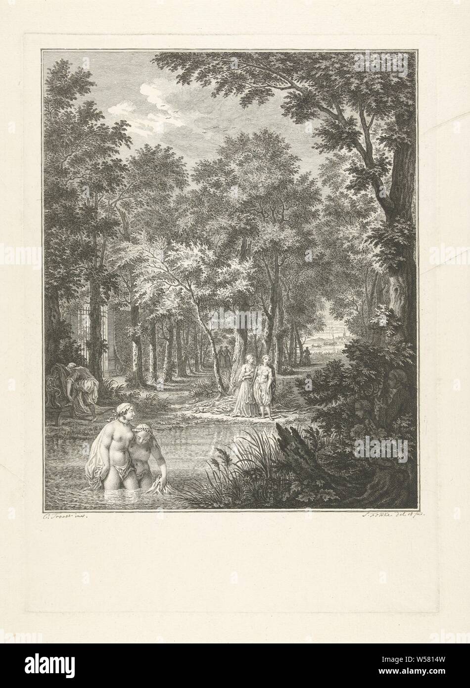 The bathing ladies are spied on, Two bathing ladies are being spied on by two gentlemen in the scrub. In the background a few figures walk among the trees., Washing and bathing, peeping, voyeur, Simon Fokke (mentioned on object), 1722 - 1784, paper, etching, h 379 mm × w 269 mm Stock Photo