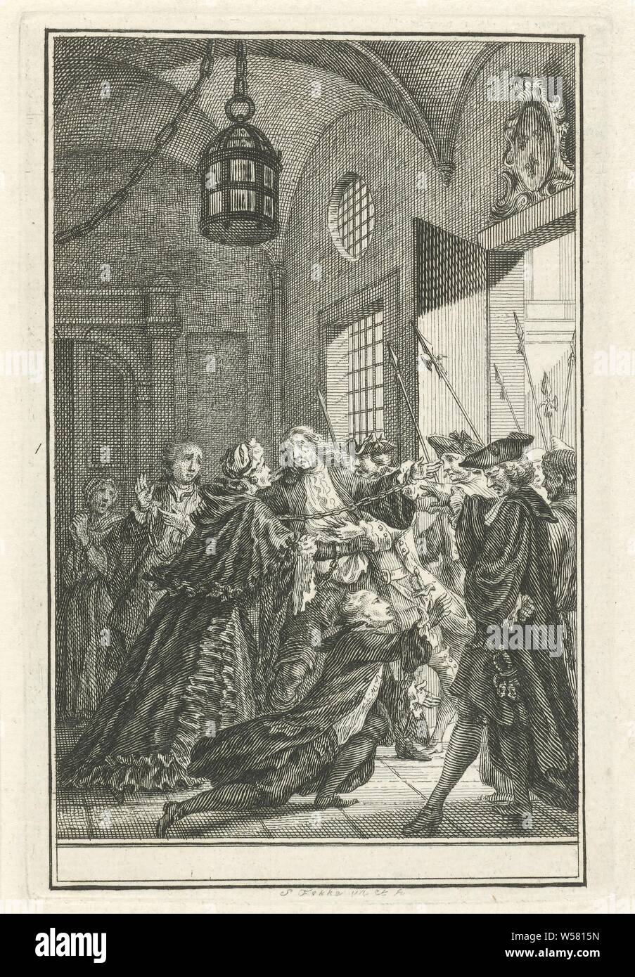 Four prisoners under the supervision of shooters, Four handcuffed prisoners are under supervision of guards in a hall. A male prisoner is stopped by a guard when he wants to embrace a woman who is also handcuffed. In the foreground a prisoner kneels before the overseer., Prisoner with hands bound, Simon Fokke (mentioned on object), Amsterdam, 1722 - 1784, paper, etching, h 128 mm × w 86 mm Stock Photo