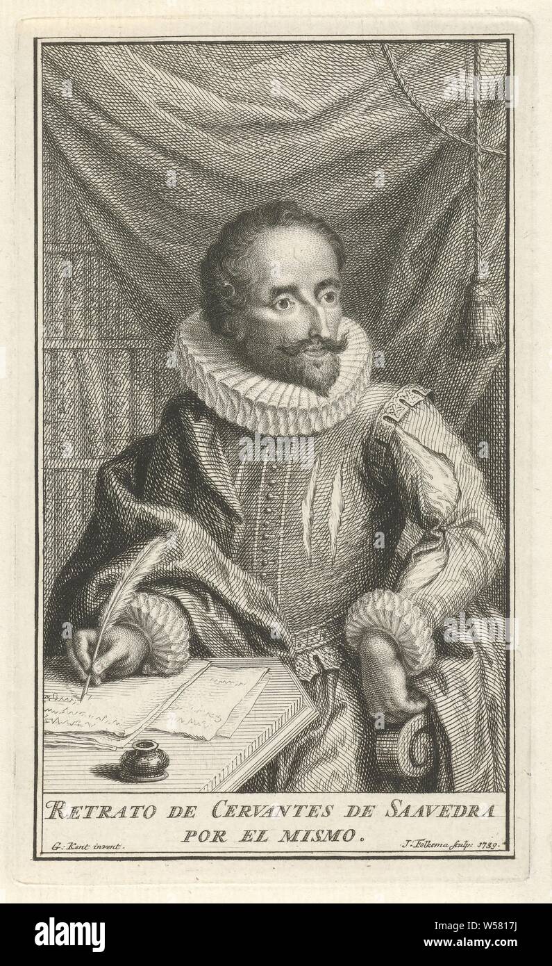 Portrait of Miguel de Cervantes de Saavedra, Half-length portrait of the Spanish writer Miguel de Cervantes de Saavedra. The writer is already writing on a sheet of paper behind his desk. In the margin are two lines of text in Spanish., Miguel de Cervantes Saavedra, Jacob Folkema (mentioned on object), 1702 - 1767, paper, etching, h 143 mm × w 85 mm Stock Photo