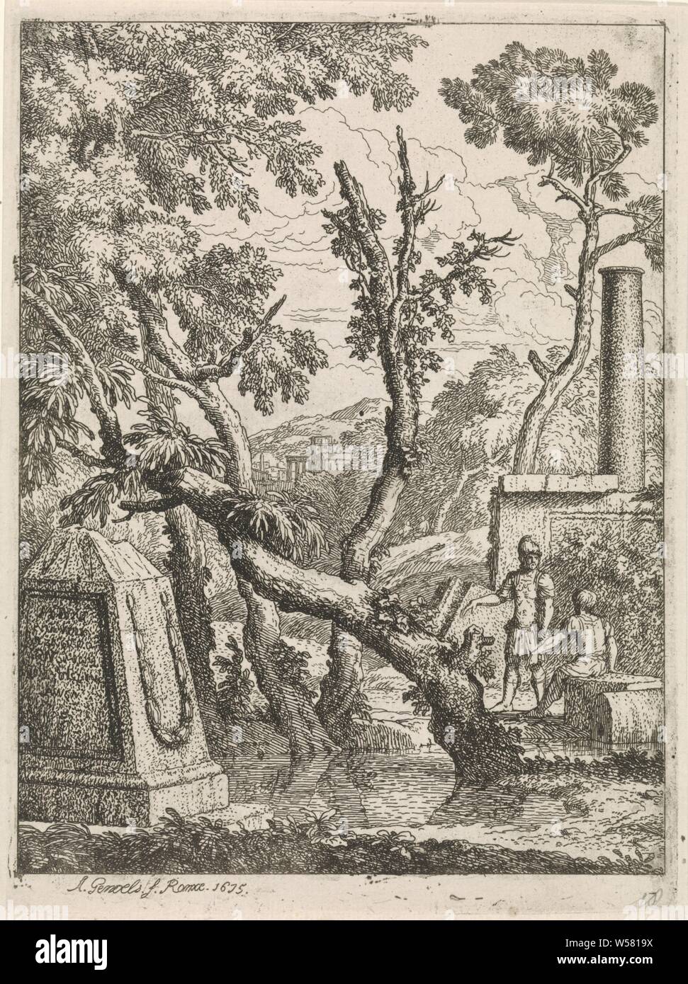 Two soldiers at a classical ruin, Two soldiers resting at a classical ruin. In the background a city., The soldier, the soldier's life, gelding of a building, architecture (classical art), mountains, Abraham Genoels (mentioned on object), Rome, 1675, paper, etching, h 198 mm × w 146 mm Stock Photo