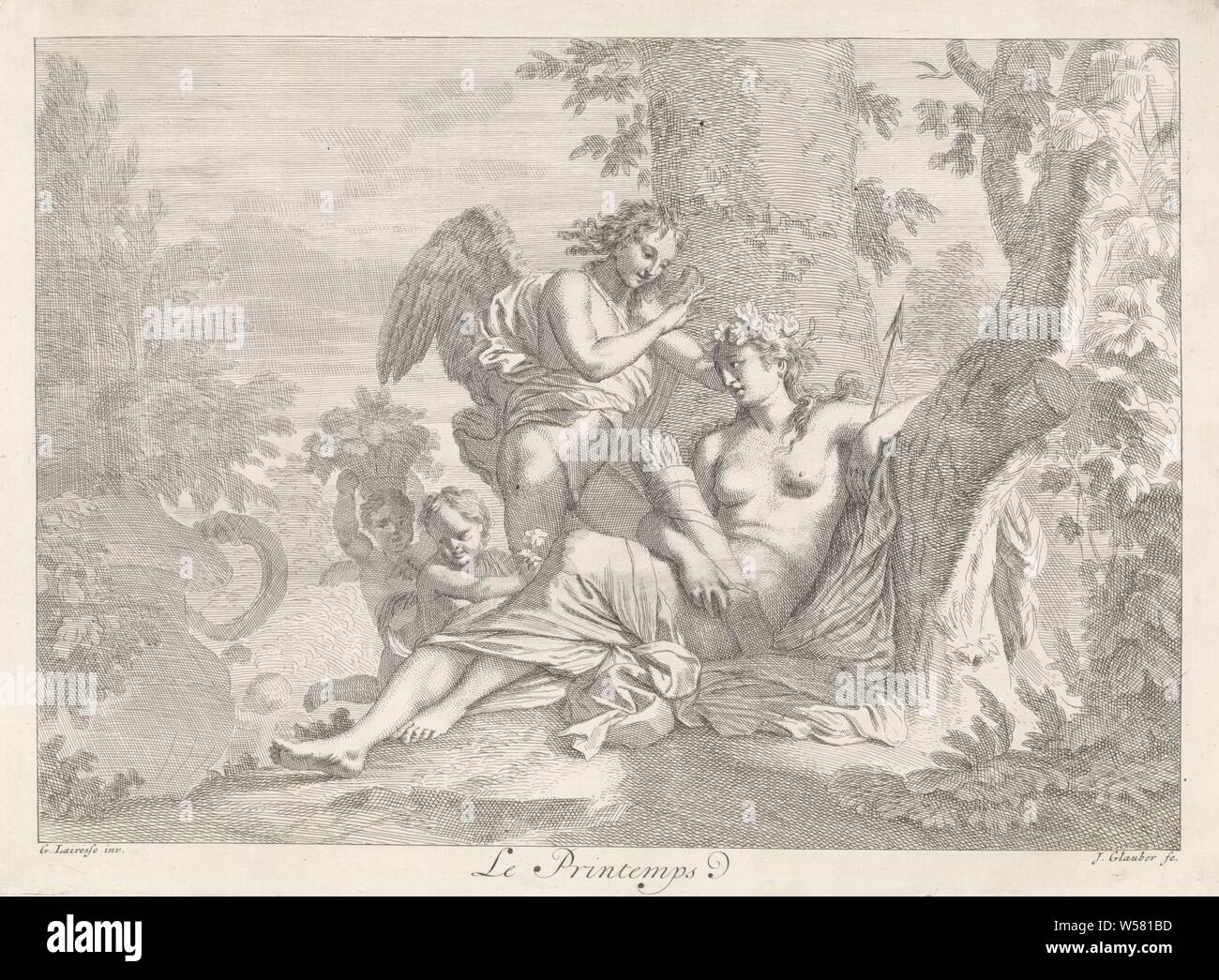 Venus and Cupid - Spring Le printemps (title on object) Biblical, mythological and allegorical representations (series title), Venus is leaning against a tree. An arrow quiver in her hands. Cupid stands bent over her and picks flowers from her flower crown. They are surrounded by two putti. The print is part of a series with Biblical, mythological and allegorical representations., Venus and Cupid (Cupid not being mere attribute), spring, 'Ver', 'Primavera' (Ripa) (with Venus), Johannes Glauber (mentioned on object), 1656 - 1726, paper, etching, h 280 mm × w 382 mm Stock Photo