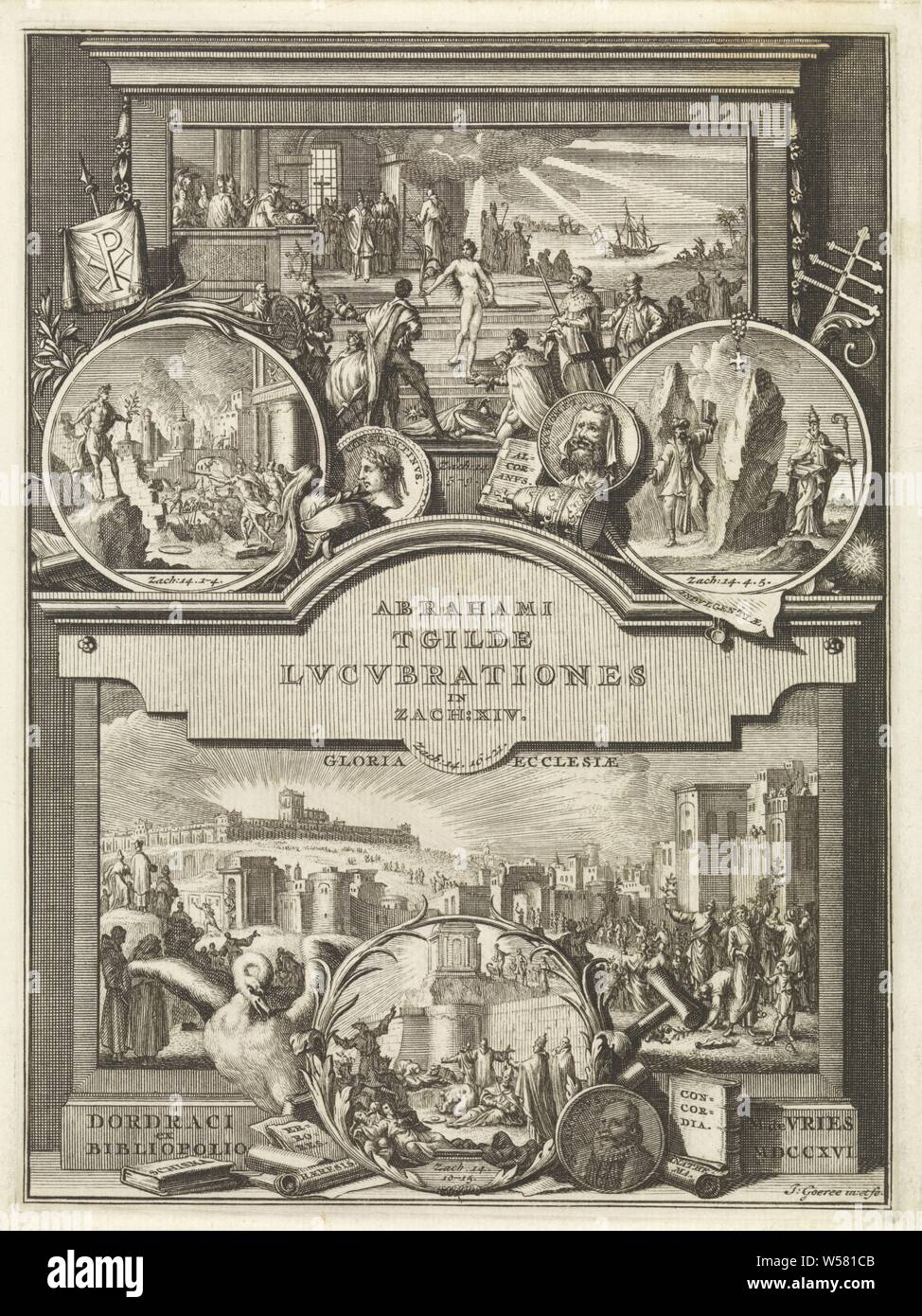 Scenes from Zechariah 14 Title page for Abrahami Tgilde, Zechariae caput XIV. lucubrationes, 1716 Lvcvbrationes in Zach: XIV (title on object), Five scenes with scenes from the Bible book Zechariah 14. Above left a medallion with the conquest and destruction of Jerusalem (Zech. 14: 1-4). At the top right a medallion with the split of the Mount of Olives (Zech. 14: 4-5). In the middle at the top a square frame with the coming of God on earth (Zech. 14: 5-9). Below: a square frame with the annual celebration of the Feast of Tabernacles in Jerusalem (Zech. 14: 16-21). At the bottom center a Stock Photo