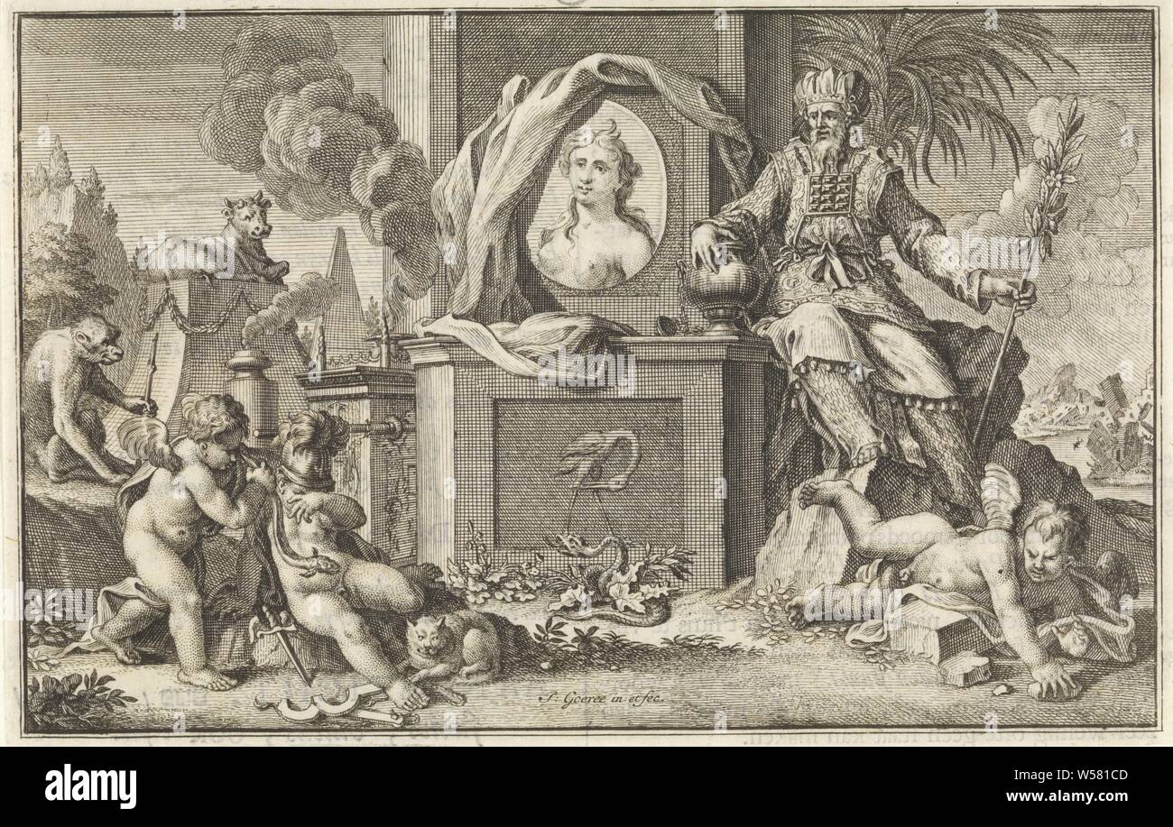 Collection of people and animals with the letter A, In the foreground left some putti try to hold an eel in their hands. A monkey witnesses their unsuccessful attempt. In the center a monument with the portrait of Hagar. Next to the monument is the Hebrew high priest Aäron. Under the monument an adder. On the right in the foreground a putto stumbles over the offense stone. In the background the Egyptian apis bull (left) and an earthquake (right), Hagar (not in biblical context), Aaron (not in biblical context), possible attributes: attributes of Aaron: censer, dressed as high priest or bishop Stock Photo