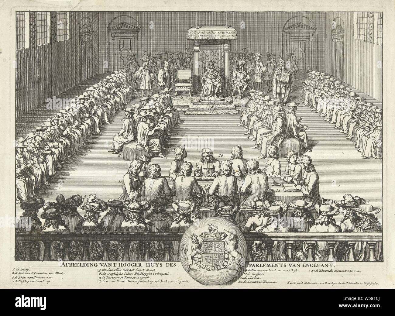 Session of the English House of Lords, 1689 Picture of t Hooger huys des parliament of Engelant (title on object), A session of the House of Lords is attended by a king. Central the king on his throne, surrounded by the Lords, sitting on cushions. In the front the clerks around a table. In the caption the legend 1-13 and the British royal weapon. The performance is based on a performance in which King William III attends the meeting, 1689., Upper House, Senate, Houses of Parliament (London), William III (Prince of Orange and King of England, Scotland and Ireland), Jacob Gole (mentioned Stock Photo