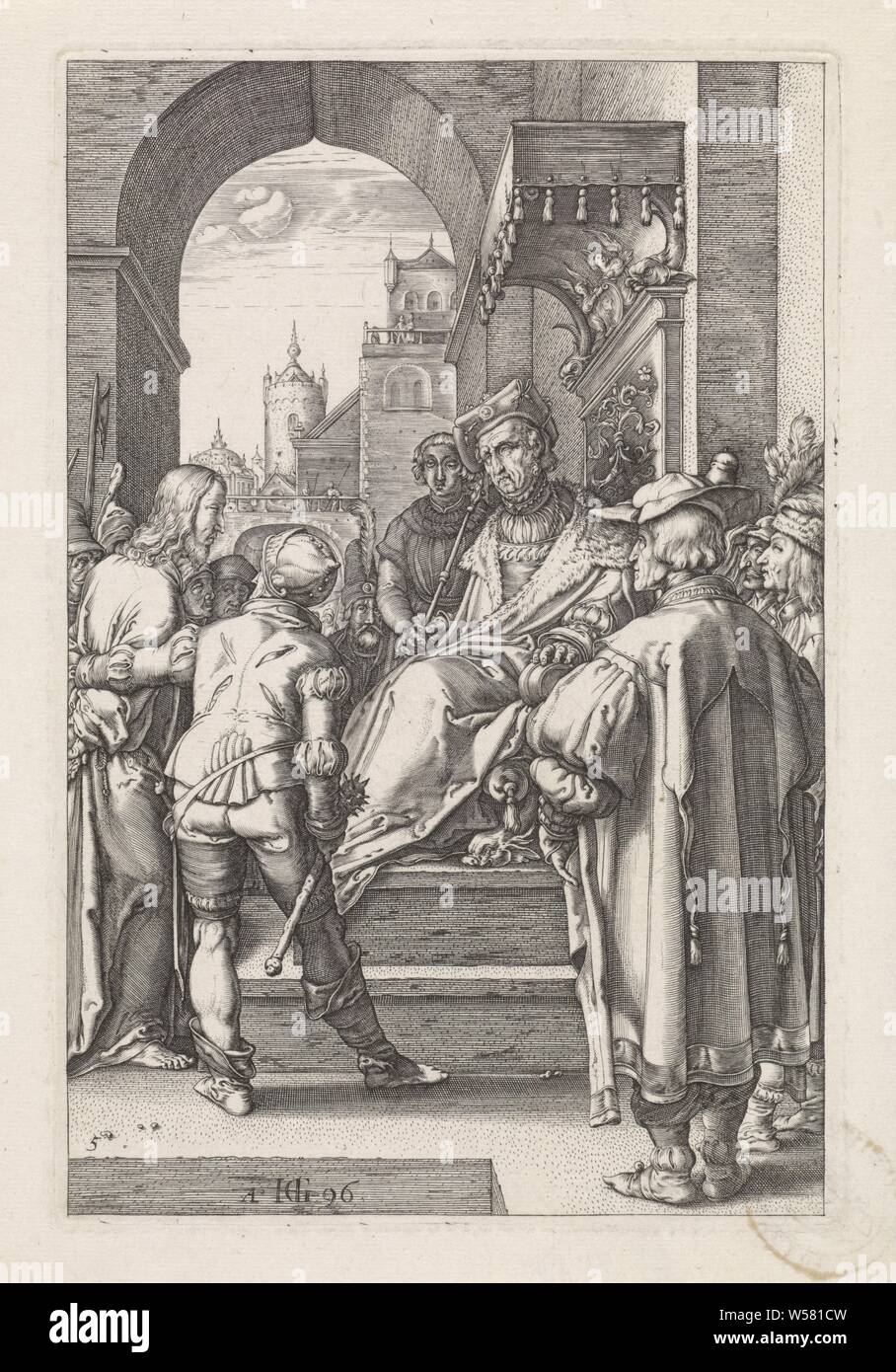Christ for Pilate The Passion (series title), Christ is brought before Pilate, who sits on a throne., anonymous, Netherlands, 1596 and/or 1596 - 1667, paper, engraving, h 197 mm × w 133 mm Stock Photo